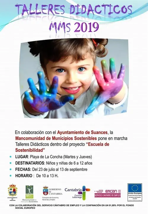 Cartel de los talleres did&aacute;cticos infantiles en la playa de La Concha de Suances