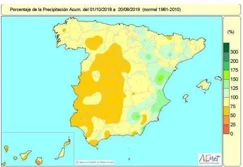 La falta de lluvias acumulada en el conjunto de Espa&ntilde;a es del 16% pero en la mayor parte de Espa&ntilde;a supera el 25%