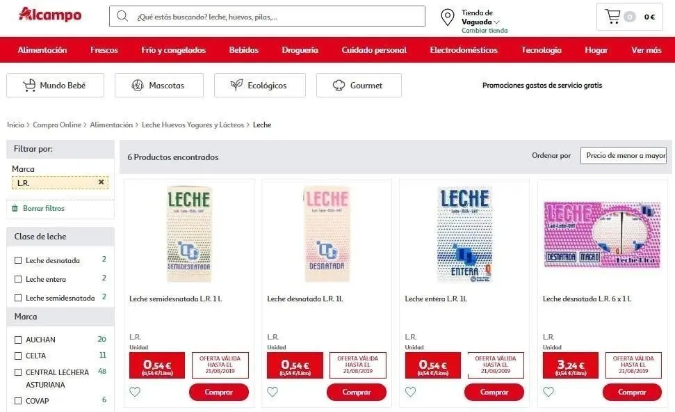 Oferta de leche en la web de Alcampo