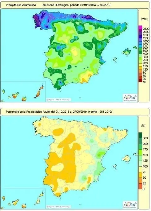 Las lluvias acumuladas en Espa&ntilde;a en lo que va de a&ntilde;o hidrol&oacute;gico, hasta el 29 de agosto son un 15 por ciento inferiores al valor normal