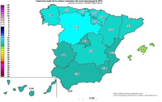 Mapa elaborado por la Aemet con las mínimas registradas en España en agosto