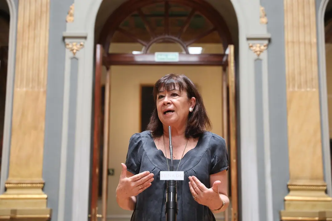 La presidenta del PSOE y vicepresidenta priemra del Senado, Cristina Narbona, en rueda de prensa tras la reuni&oacute;n de los miembros de la mesa del Senado.