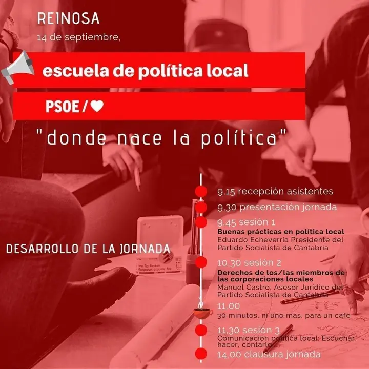 Cartel de la primera jornada formativa de su escuela de pol&iacute;tica local del PSOE
