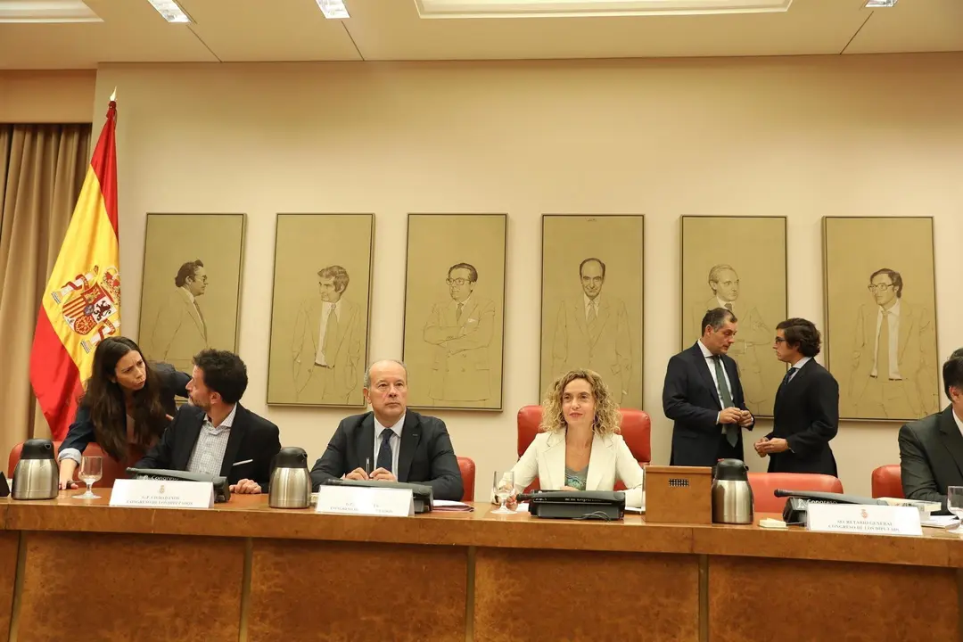 El diputado de Ciudadanos y portavoz adjunto en el Congreso, Edmundo Bal (1i) y la presidenta del Congreso de los Diputados, Meritxell Batet (3i), durante la Comisi&oacute;n Consultiva de Nombramientos en el Congreso en la que comparecieron  los candidatos para 