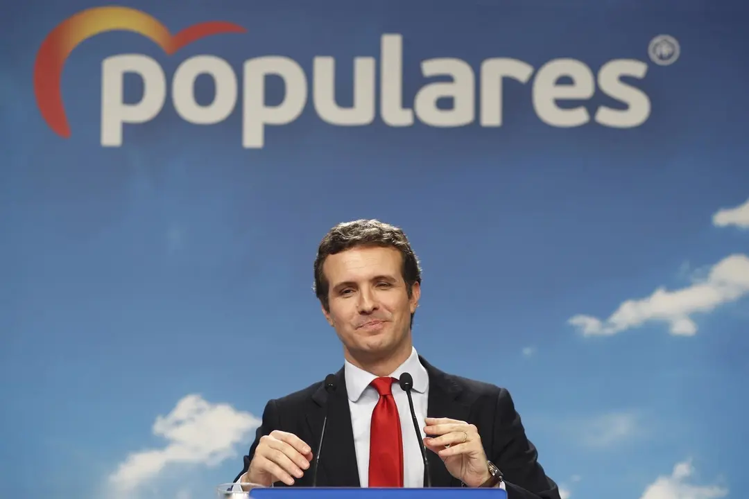 El presidente del PP,  Pablo Casado, ofrece una rueda de prensa tras la reuni&oacute;n de la Junta Directiva Nacional del partido en su sede, en la que se ha aprobado la nueva estructura del Partido Popular.