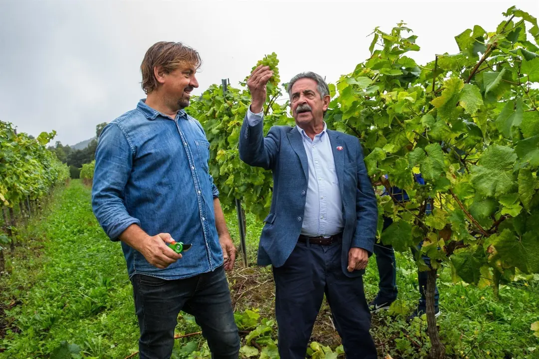 En la foto, el presidente sostiene el primer racimo de la cosecha de Bodegas Vidular, ante uno de sus responsables, Mikel Dur&aacute;n