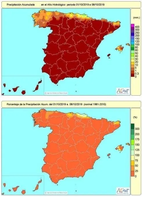 La falta de lluvias acumulada en Espa&ntilde;a en lo que va de octubre alcanza el 94%