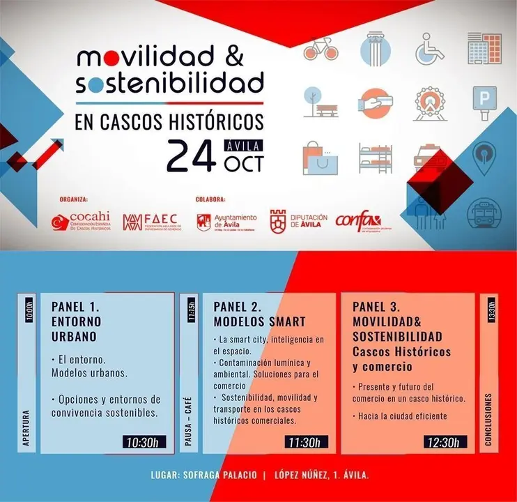 Cartel sobre las I Jornadas de Movilidad y Sostenibilidad en los Cascos Hist&oacute;ricos que se celebran los d&iacute;as 23 y 24 de octubre en &Aacute;vila