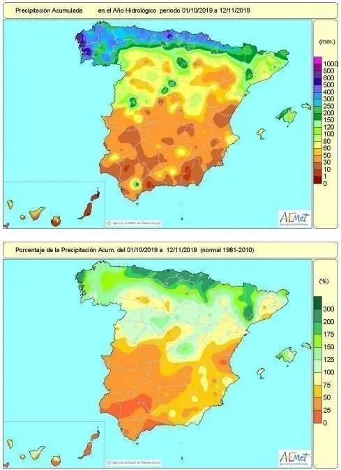 Porcentaje de precipitaci&oacute;n acumulada en Espa&ntilde;a.