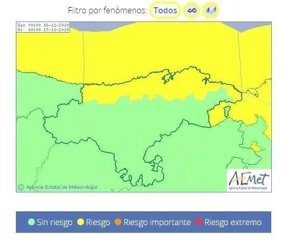 Riesgo de nivel amarillo en el litoral c&aacute;ntabro por lluvia y oleaje para el s&aacute;bado 16 de noviembre