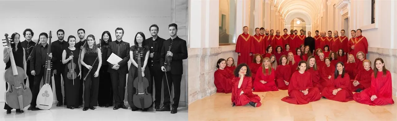 La Academia de M&uacute;sica Antigua de Cantabria (izda) y la Camerata Coral de la Universidad de Cantabria (derecha)