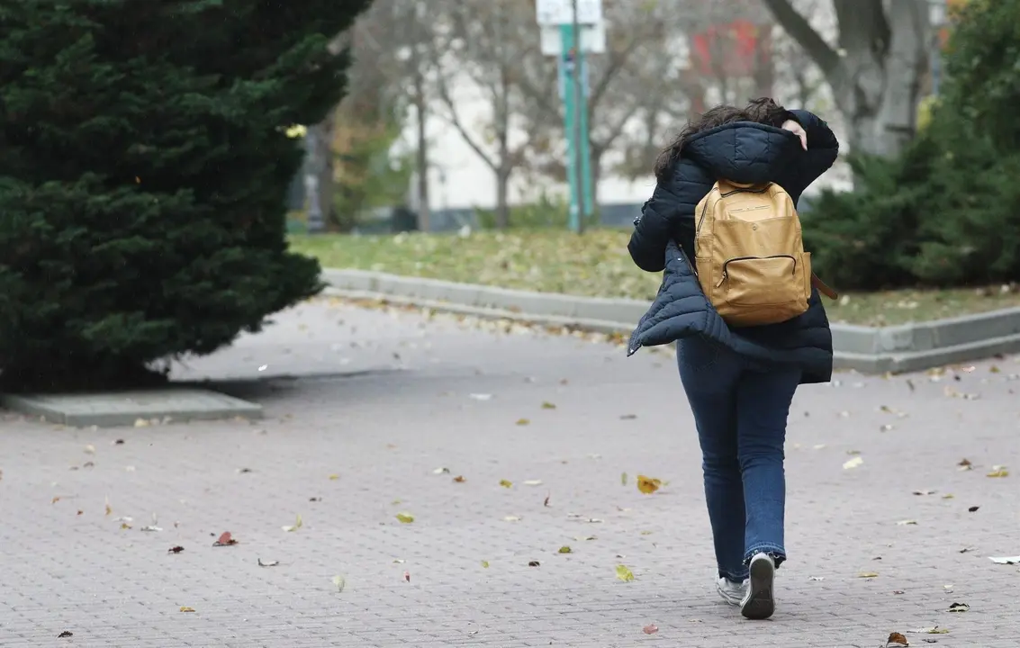 Una mujer caminando por la calle se protege del viento durante el peor temporal del oto&ntilde;o del 2019 en Espa&ntilde;a en el que se ver&aacute;n afectadas 37 provincias avisadas por viento, nieve, oleaje o lluvia, en Madrid a 14 de noviembre de 2019.