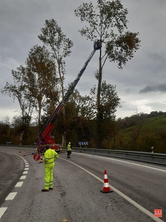 Bomberos del Servicio de Emergencias 112 retiran ramas de árboles con riesgo de caída en el punto kilométrico 258 de la carretera nacional 634
