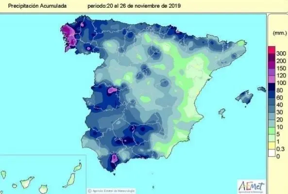 Precipitaciones acumuladas desde el 20 hasta el 26 de noviembre de 2019 en Espa&ntilde;a