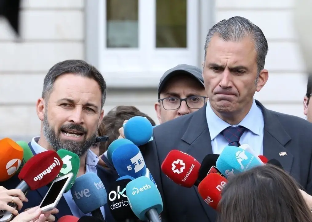 Santiago Abascal y Javier Ortega Smith, presidente y secretario general de Vox, valorando la sentencia del proc&eacute;s