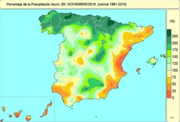 Mapa de precipitaciones en Noviembre de 2019 en Espa&ntilde;a