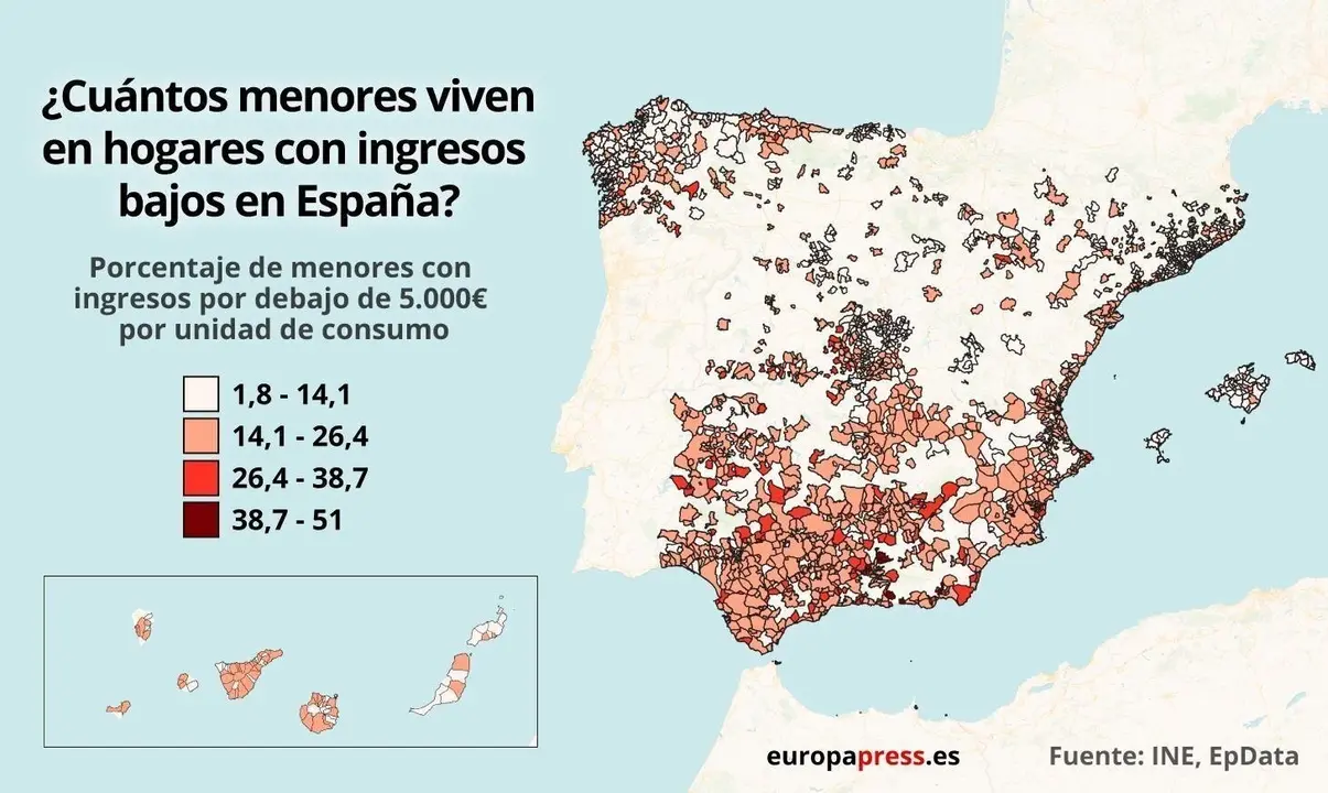 Mapa de Espa&ntilde;a seg&uacute;n menores que viven en hogares con bajos ingresos