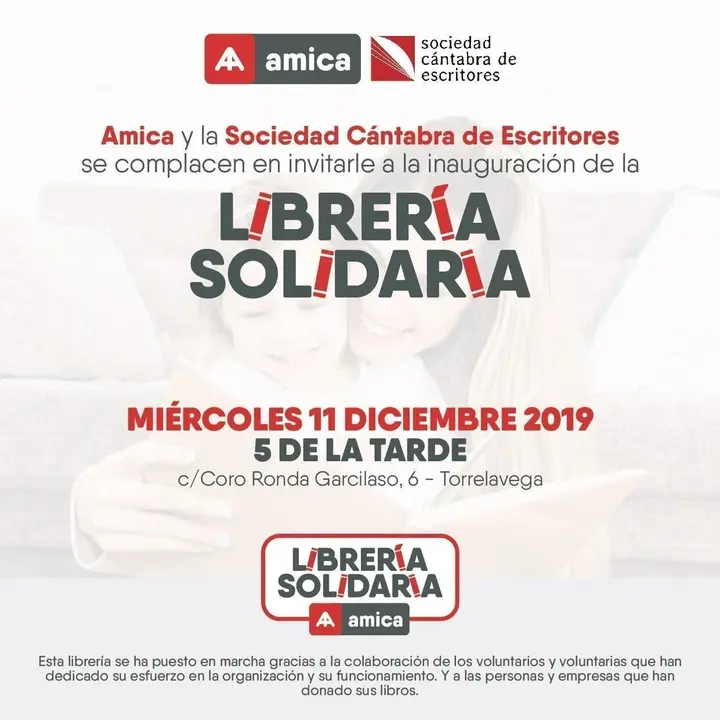 Cartel de la inauguraci&oacute;n de la librer&iacute;a solidaria de Amica en Torrelavega