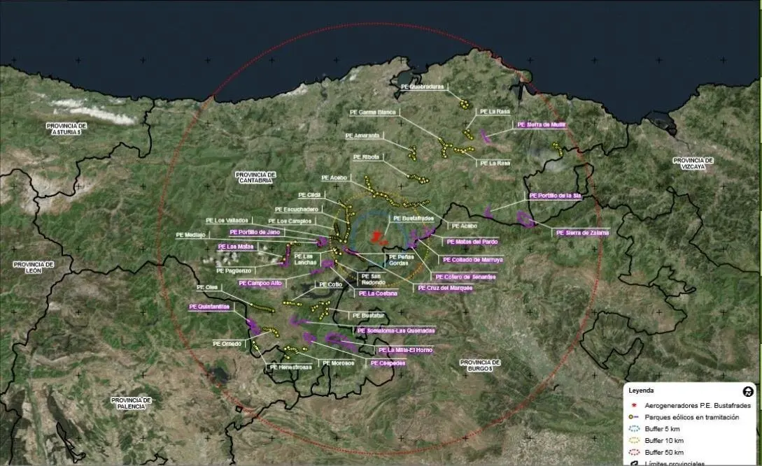 Mapa de Cantabria con proyectos e&oacute;licos