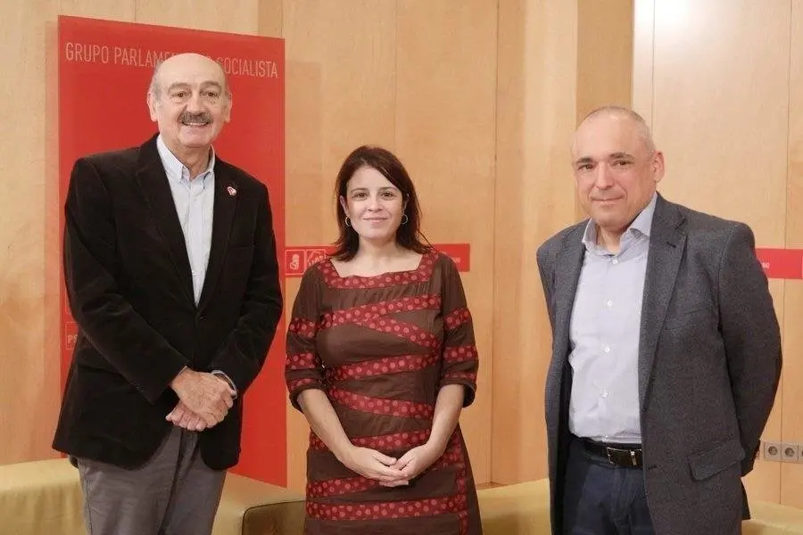 Jos&eacute; Mar&iacute;a Maz&oacute;n, del Partido Regionalista de Cantabria (PRC) con Adriana Lastra y Rafael Simancas, del PSOE