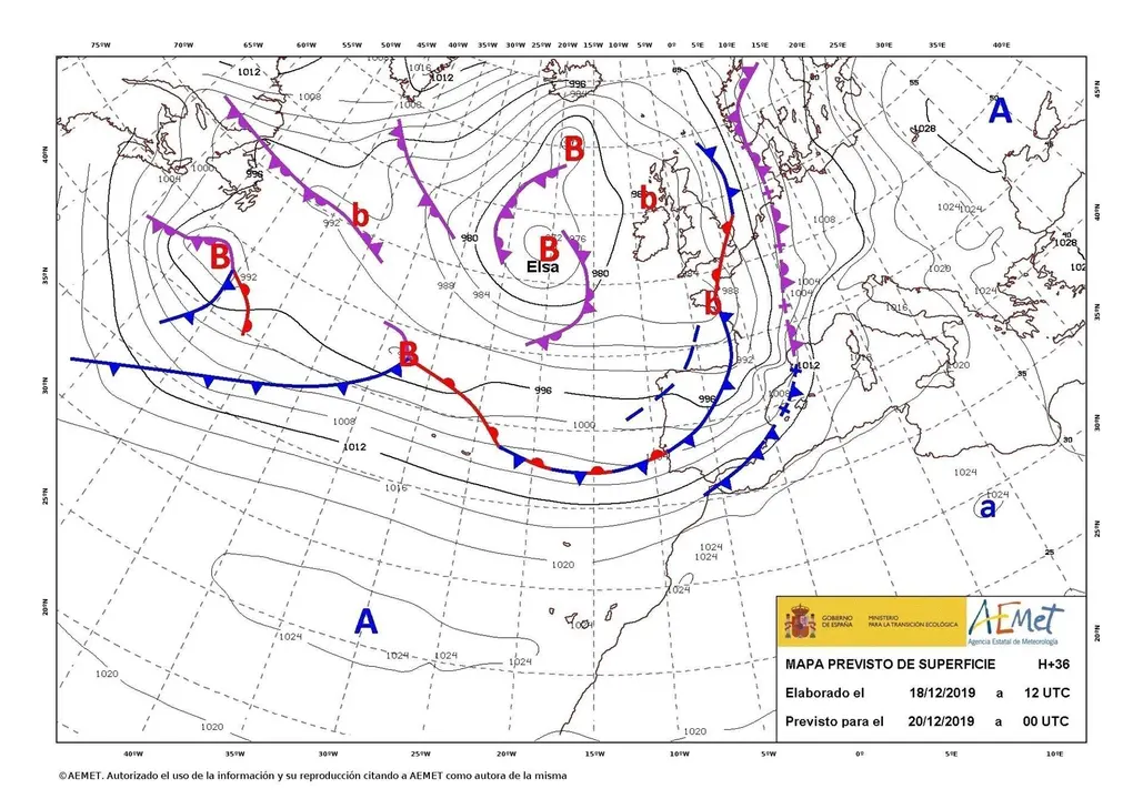 Mapa de la previsi&oacute;n de la borraca Elsa