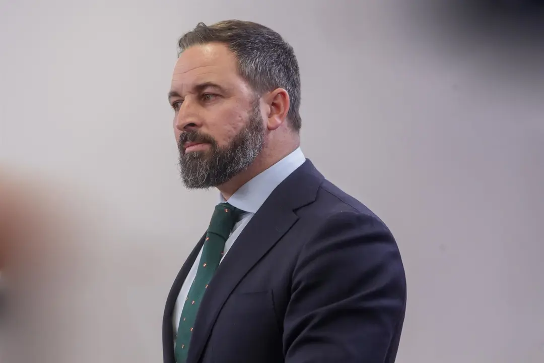 El presidente de Vox, Santiago Abascal, ofrece una rueda de prensa en el Congreso de los Diputados tras su consulta con el Rey sobre una posible investidura del candidato socialista como Presidente del Gobierno, en Madrid (Espa&ntilde;a), a 11 de diciembre de 20