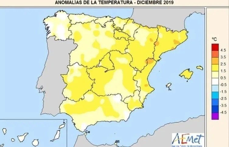 Anomal&iacute;as de la temperatura del mes de diciembre de 2019 en relaci&oacute;n al periodo normal (1981-2010)