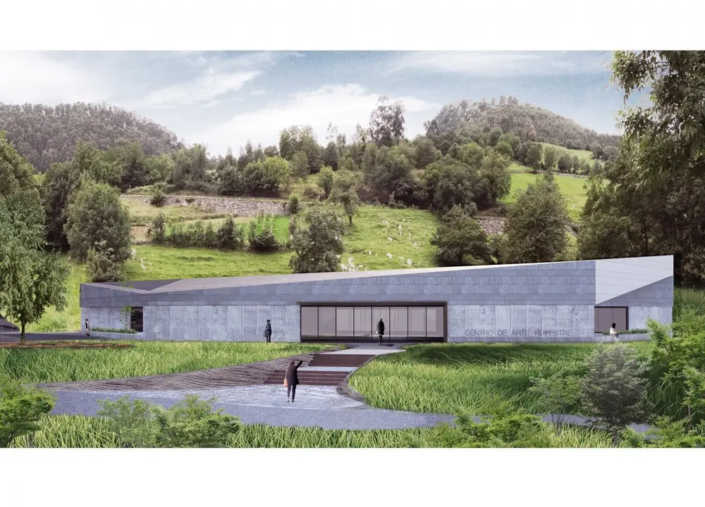 Infograf&iacute;a de la vista principal del edificio del futuro Centro de Interpretaci&oacute;n del Arte Rupestre en Puente Viesgo, dise&ntilde;ado por Sukunfuku Studio