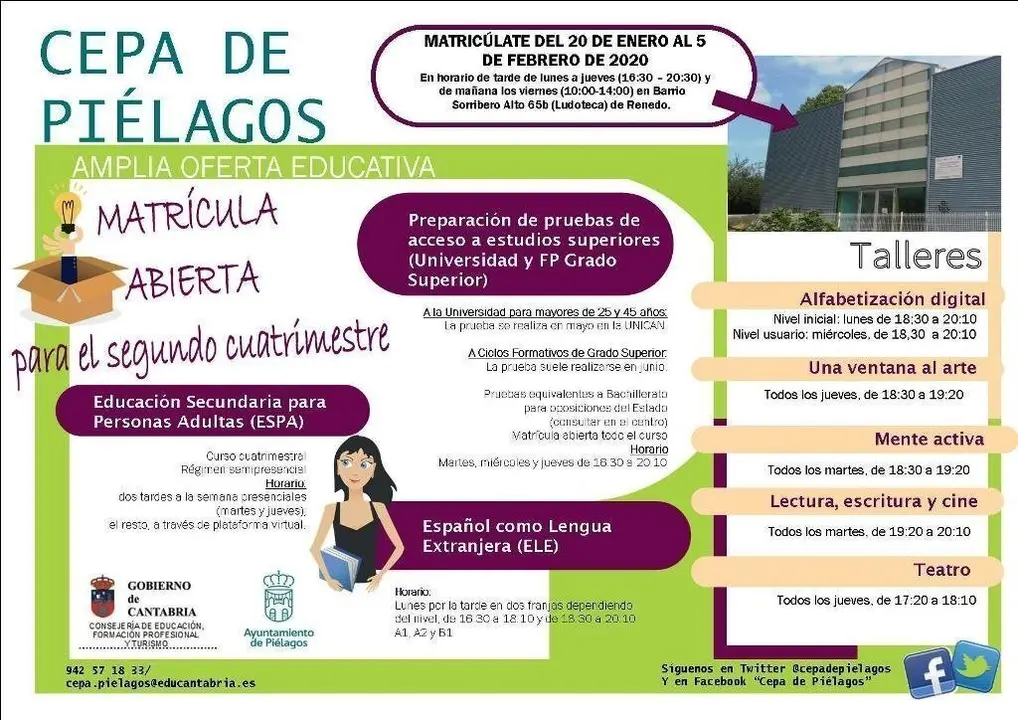 Cartel de las actividades del CEPA de Pi&eacute;lagos para el segundo cuatrimestre del curso 2019-2020