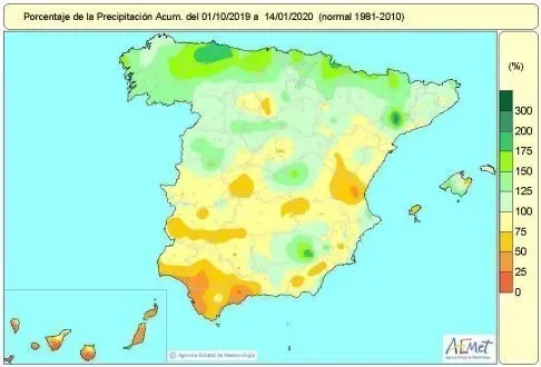 Mapa de lluvias acumuladas en Espa&ntilde;a entre el 1 de octubre de 2018 al 14 de enero de 2020.