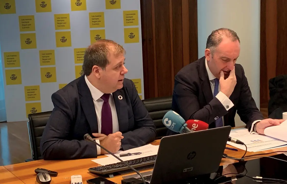 El presidente de Correos, Juan Manuel Serrano, durante la rueda de prensa de presentaci&oacute;n de resultados de 2019