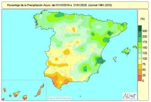 Lluvias acumuladas en Espa&ntilde;a en lo que va de a&ntilde;o hidrol&oacute;gico.