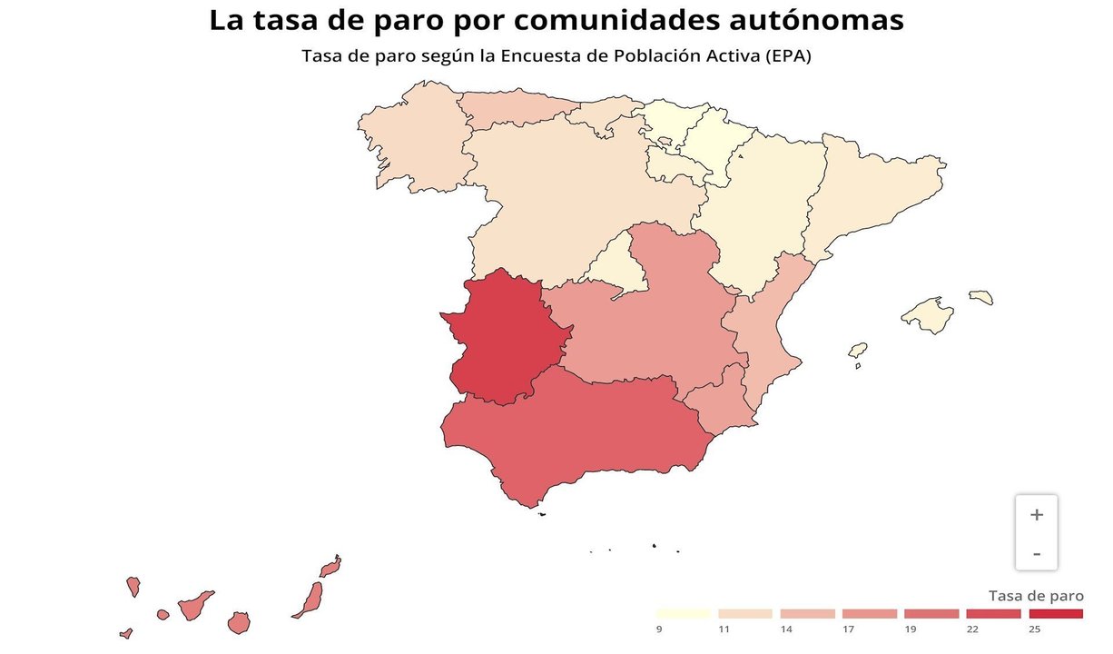 Tasa de paro por comunidades autónomas en el cuarto trimestre de 2019 (INE)
