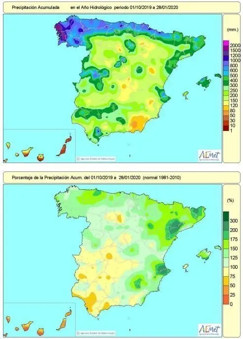 Lluvias acumuladas en Espa&ntilde;a desde el 1 de octubre hasta el 28 de enero.