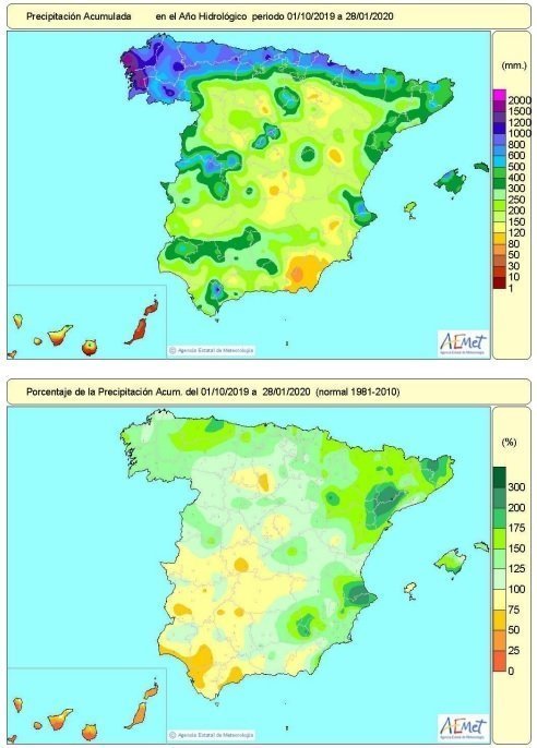 Lluvias acumuladas en España desde el 1 de octubre hasta el 28 de enero.
