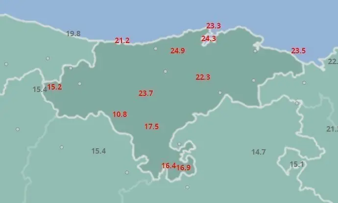 Temperaturas m&aacute;ximas en Cantabria el 2 de febrero de 2020