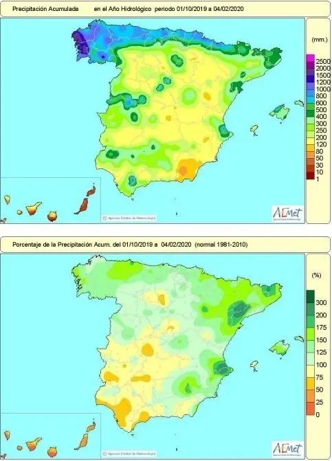 Las lluvias acumuladas en Espa&ntilde;a desde que comenz&oacute; el a&ntilde;o hidrol&oacute;gico superan en casi un 20% el valor normal para este periodo hasta el 4 de febrero.