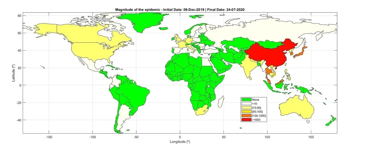 El mapa mundial de la magnitud final de la epidemia de coronavirus, generado con el modelo matem&aacute;tico de dos investigadores espa&ntilde;oles de la Universidad Complutense de Madrid (UCM)