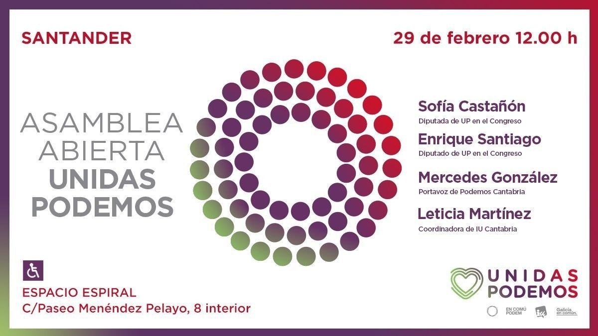 Cartel de la Asamblea Abierta convocada por Unidas Podemos en Santander para explicar el acuerdo de Gobierno
