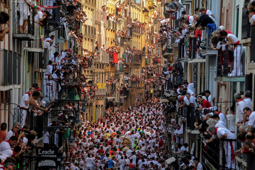Participants run in front of Alcurrucen's bulls during the first bull run of the San Fermin Festival, on July 7, 2013, in Pamplona, northern Spain. The festival is a symbol of Spanish culture that attracts thousands of tourists to watch the bull runs despite heavy condemnation from animal rights groups. AFP PHOTO/ PEDRO ARMESTRE