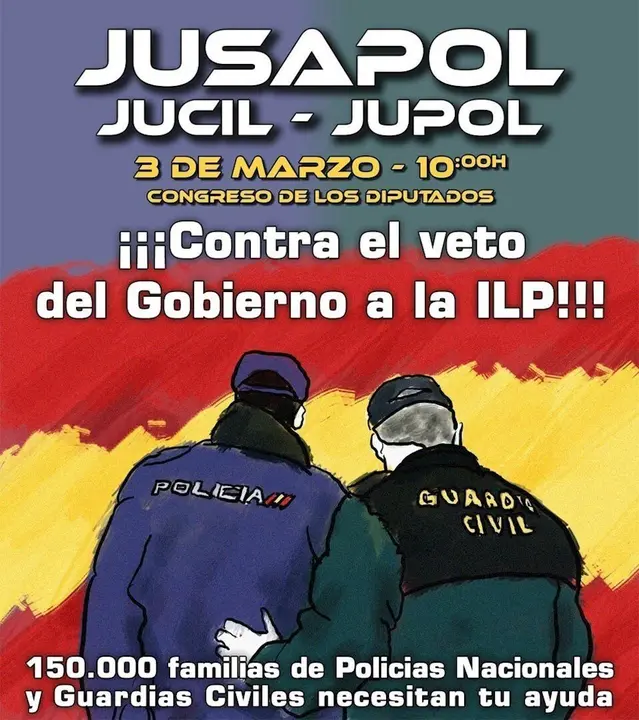 Cartel concentraci&oacute;n polic&iacute;as nacionales y guardias civiles contra el "veto" a la ILP de Jusapol