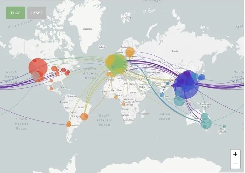 Mapa global de Nextstrain con la reconstrucci&oacute;n de la propagaci&oacute;n geogr&aacute;fica de los virus SARS-CoV-2. Se visualizan 529 genomas muestreados entre diciembre de 2019 y marzo de 2020.