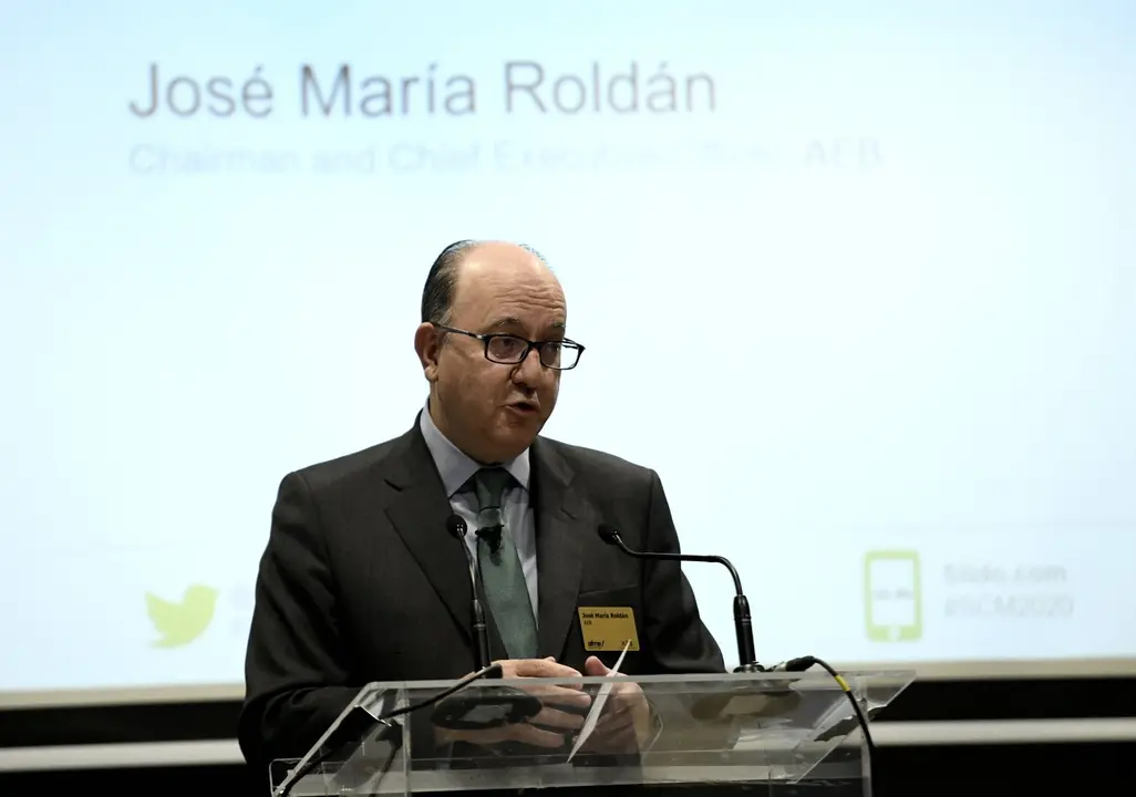 El presidente de AEB (Asociaci&oacute;n Espa&ntilde;ola de Banca), Jos&eacute; Mar&iacute;a Rold&aacute;n, durante su intervenci&oacute;n en la inauguraci&oacute;n de la jornada 'Spanish Capital Markets Conference' organizada por Afme y AEB, en Madrid (Espa&ntilde;a), a 13 de febrero de 2020.