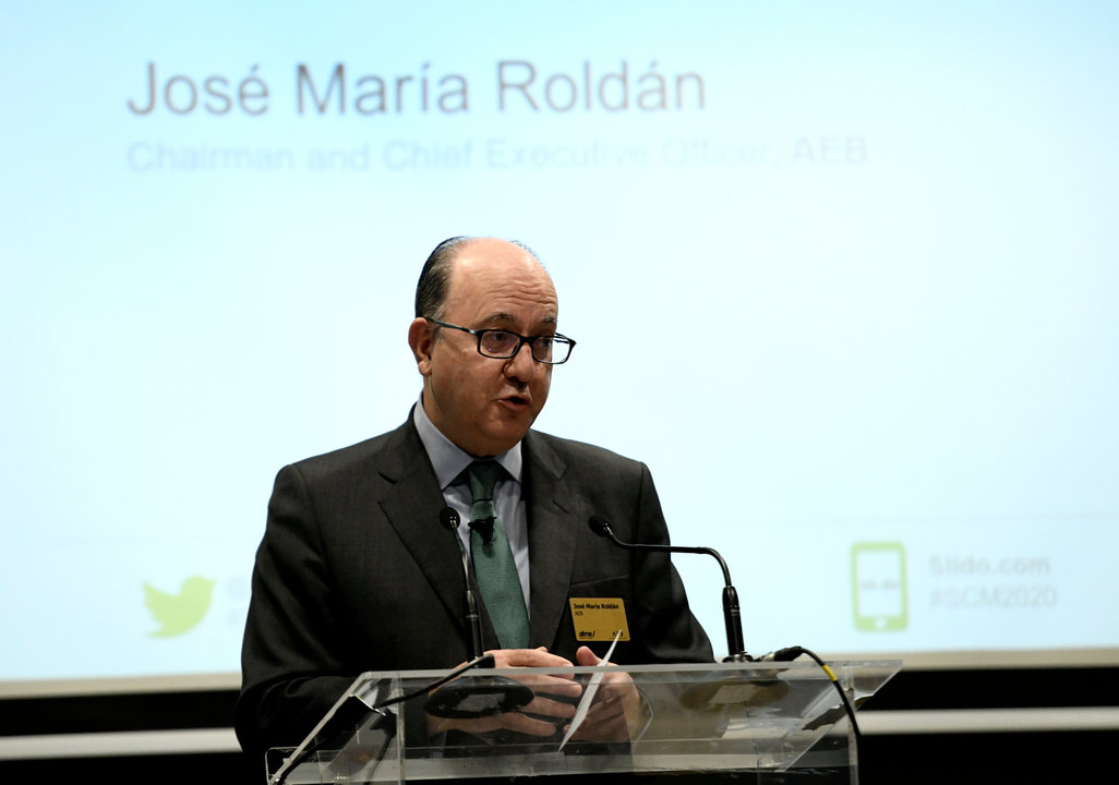 El presidente de AEB (Asociación Española de Banca), José María Roldán, durante su intervención en la inauguración de la jornada 'Spanish Capital Markets Conference' organizada por Afme y AEB, en Madrid (España), a 13 de febrero de 2020.
