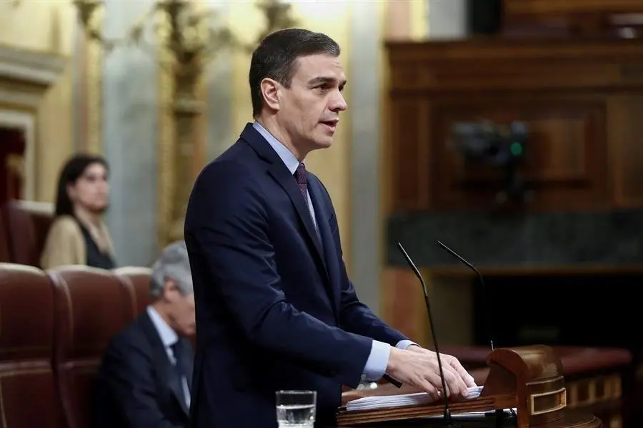 El presidente del Gobierno, Pedro S&aacute;nchez, durante su comparecencia este mi&eacute;rcoles en el Congreso de los Diputados para explicar la declaraci&oacute;n del estado de alarma y las medidas para paliar las consecuencias de la pandemia provocada por el coronavirus