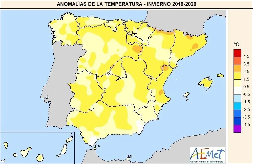 Anomal&iacute;as de calor en Espa&ntilde;a en el invierno 2019.2020