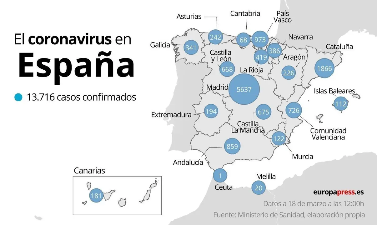 Mapa con casos de coroanvirus en Espa&ntilde;a a 18 de marzo a las 12:00
