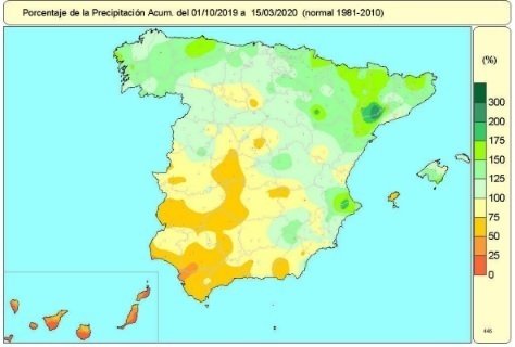 Distribución de las lluvias acumuladas en España desde el 1 de octubre de 2019 hasta el 15 de marzo de 2020.