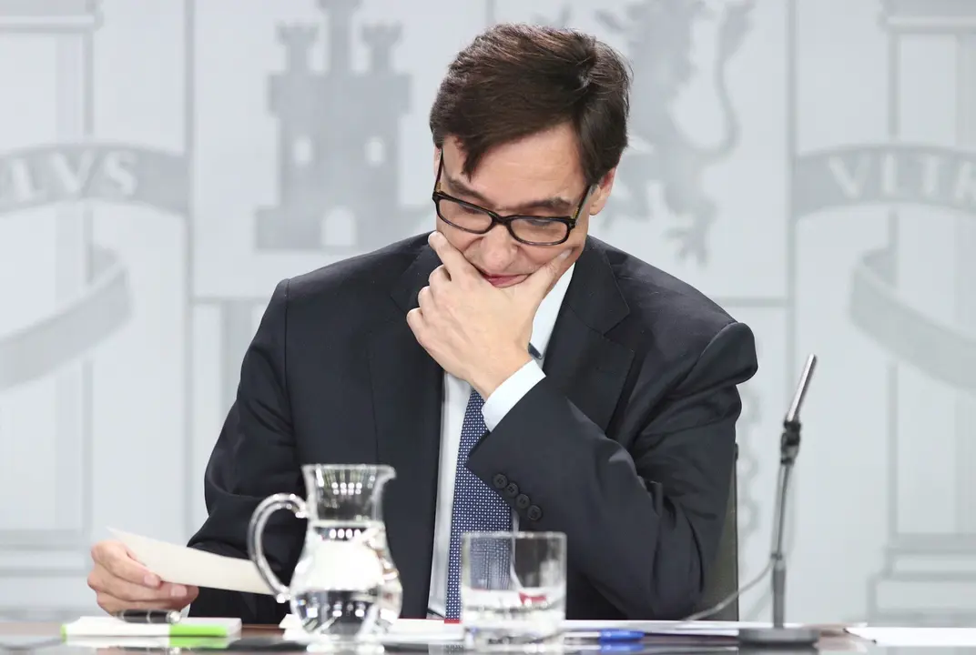 El ministro de Sanidad, Salvador Illa, durante la rueda de prensa ante los medios para informar sobre el coronavirus, en La Moncloa, Madrid (Espa&ntilde;a), a 10 de marzo de 2020.