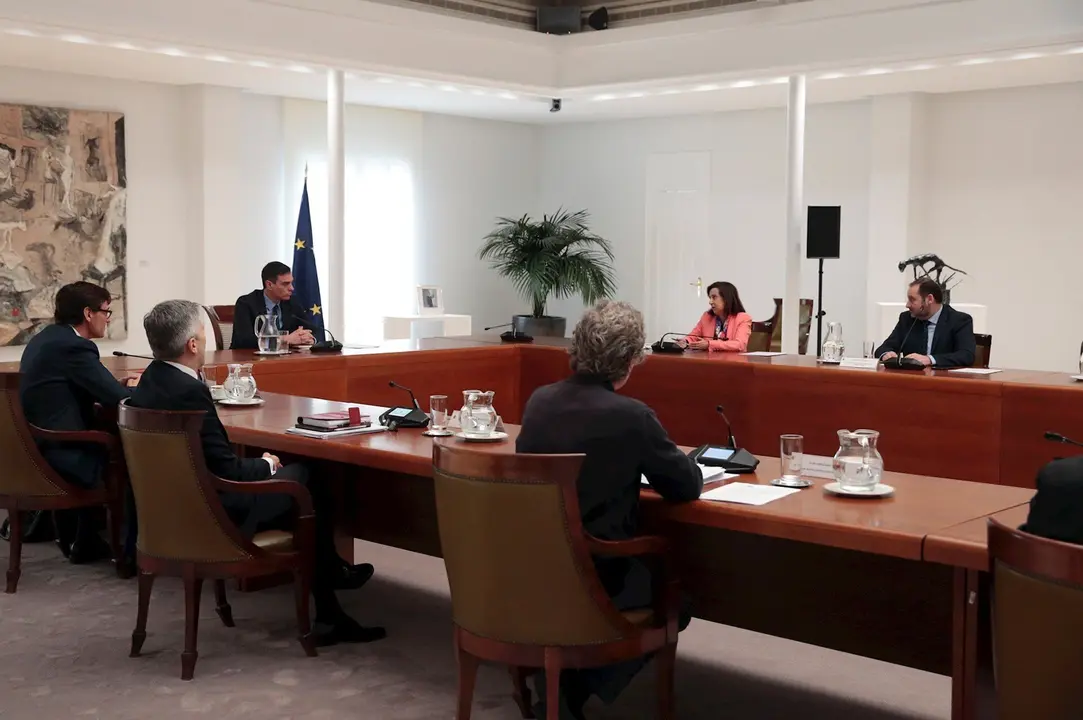 (I-D) El director del Centro de Coordinaci&oacute;n de Alertas y Emergencias Sanitarias, Fernando Sim&oacute;n; el ministro del Interior, Fernando Grande-Marlaska; el ministro de Sanidad, Salvador Illa; el presidente del Gobierno, Pedro S&aacute;nchez; la ministra de Defensa,